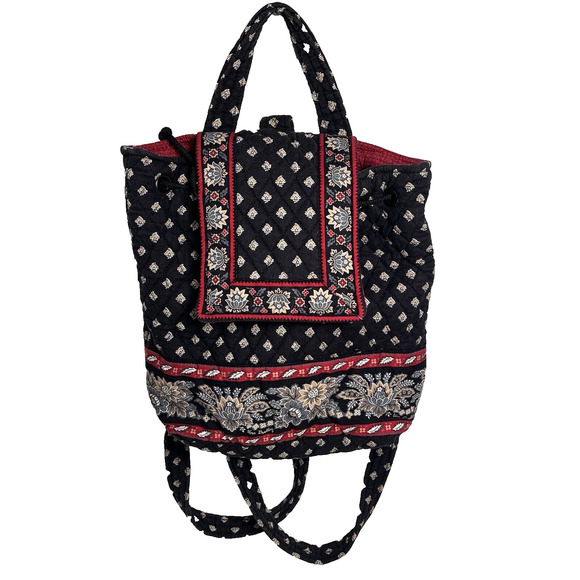 Vera Bradley Vintage Black Red Floral Drawstring Backpack 100% Cotton Retired - Picture 1 of 16